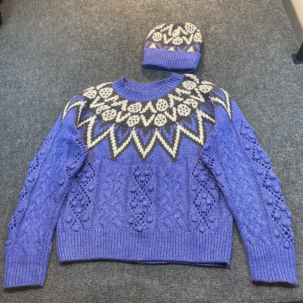 Lucky Brand Women M Fair Isle Cable Knit Sweater & Matching Beanie Hat Set Blue